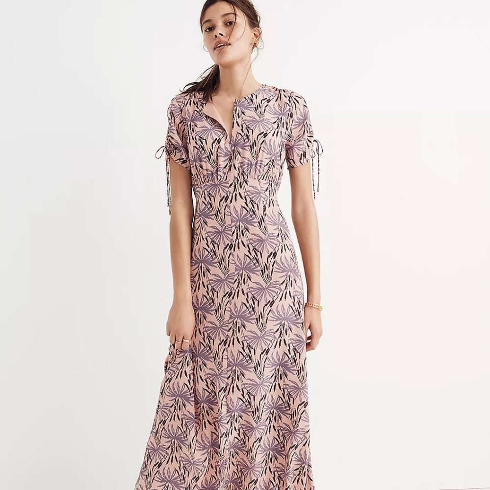 Madewell Silk Tie-Sleeve Maxi Dress in Oasis Palm